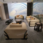 Light Beige Leather Sofa Set with Double-Layer Diamond Quilted Craftsmanship, Black Glossy Curved Natural Wood Veneer & Golden Stainless Steel Accents